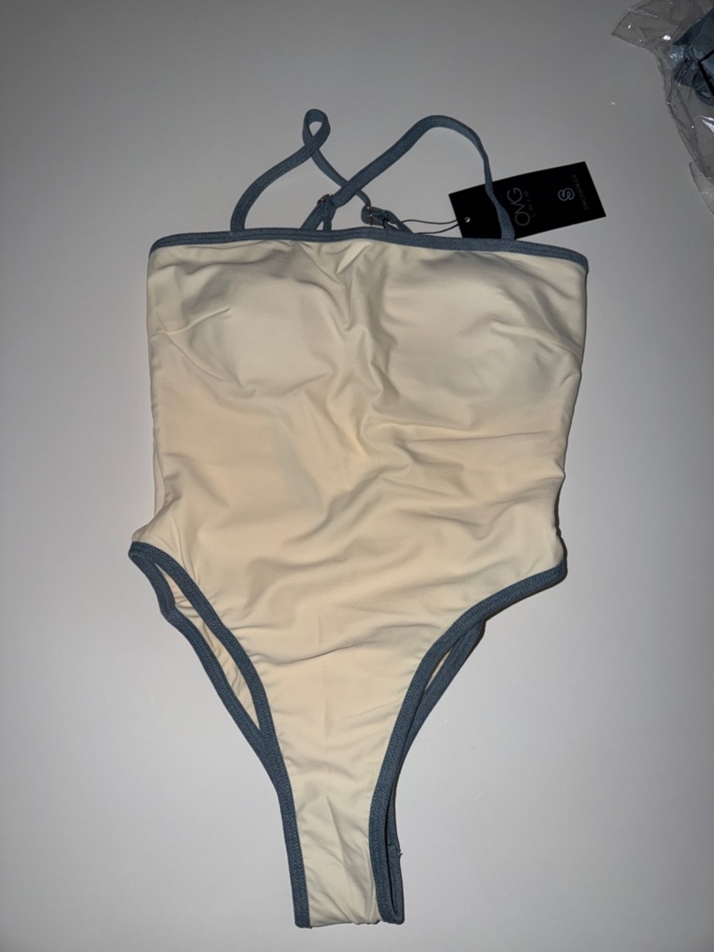 Cream One-Piece Swimsuit with Slate Blue Denim Trim - Women's